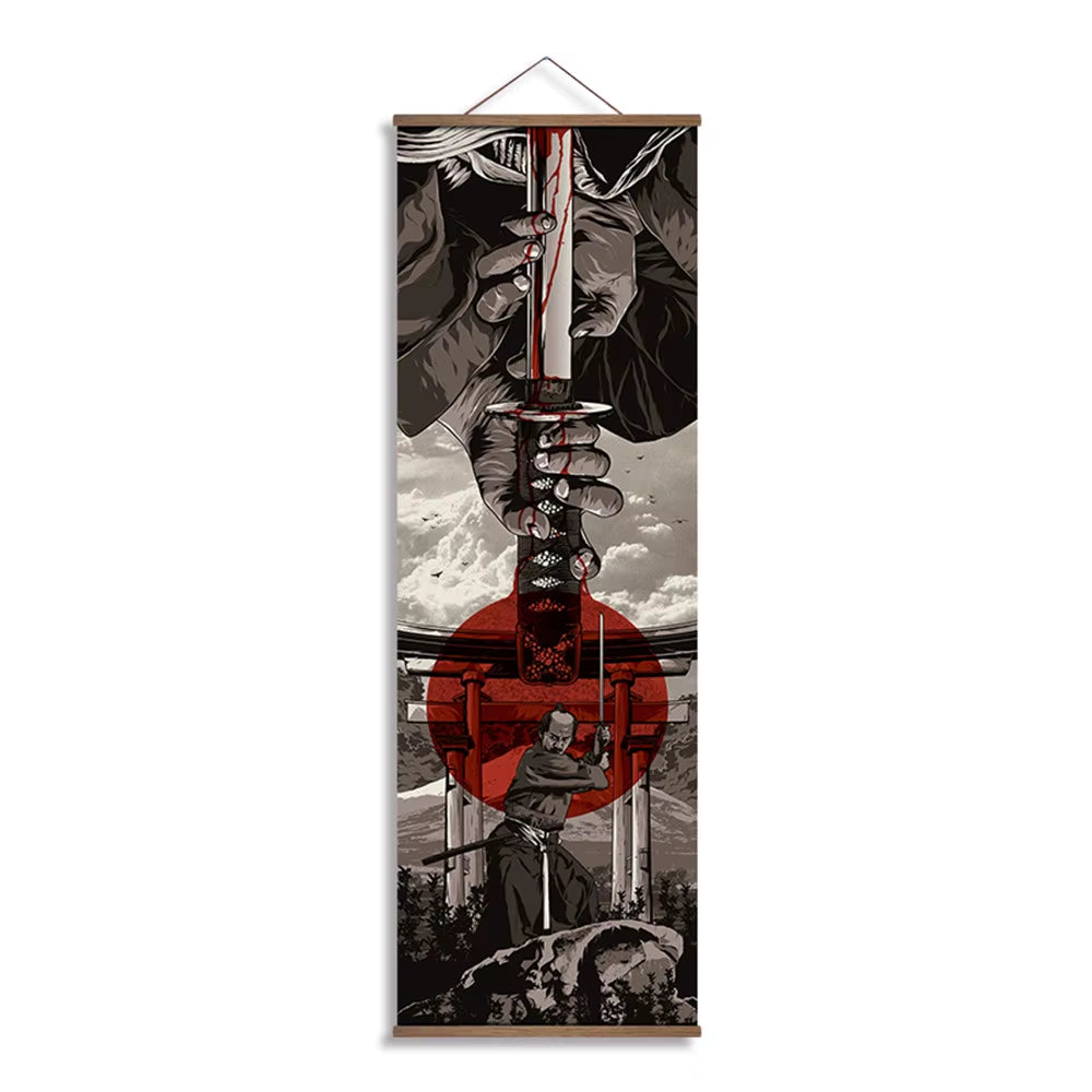 Japanese Samurai Ukiyoe Scroll Canvas Wall Art Poster Abstract Retro Black Art Scroll Painting Living Room Bedroom Decor