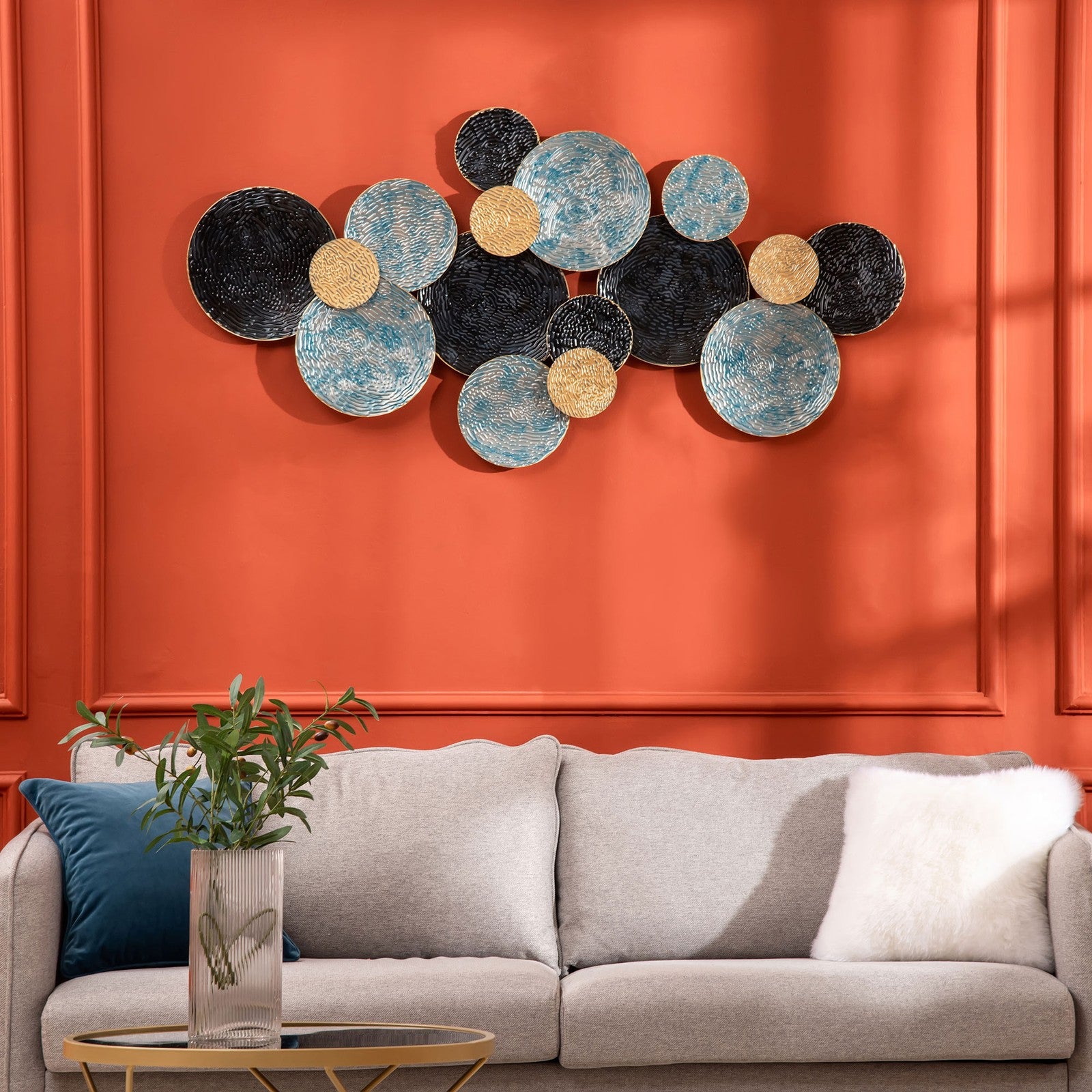 3D Metal Wall Art Modern Circle Hanging Wall Sculpture Blue Gold Home Decor