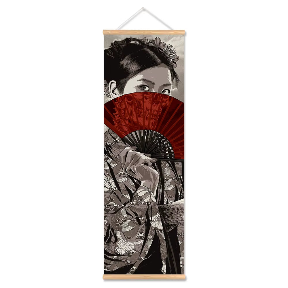 Japanese Samurai Ukiyoe Scroll Canvas Wall Art Poster Abstract Retro Black Art Scroll Painting Living Room Bedroom Decor