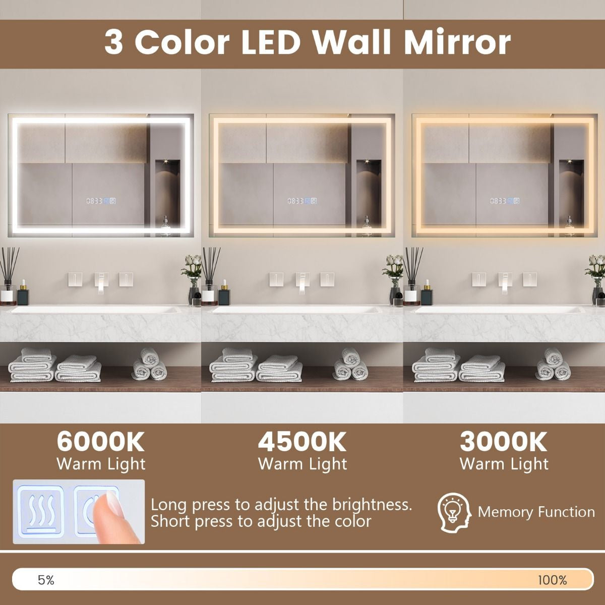 60 X 40 CM LED Bathroom Mirror with 3-Color Dimmable Lights