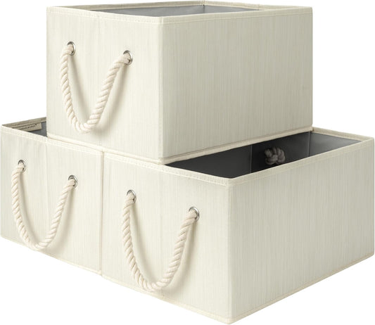 Large Storage Boxes for Organising, Foldable Storage Baskets for Shelves, Fabric Storage Boxes with Handles, Decorative Shelf Baskets, Beige, White & Ivory, 3-Pack