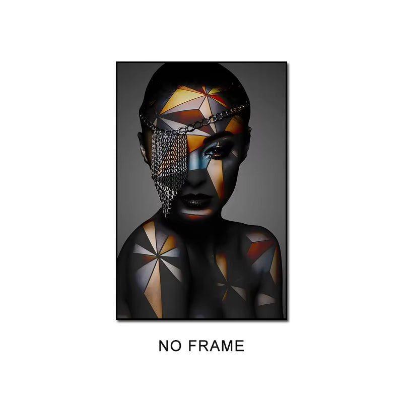 African Black Woman Geometric Face Chain Picture Print Modern Figure Canvas Painting Wall Art Poster Decoration for Living Room