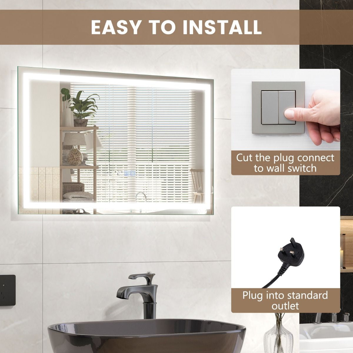 60 X 40 CM LED Bathroom Mirror with 3-Color Dimmable Lights
