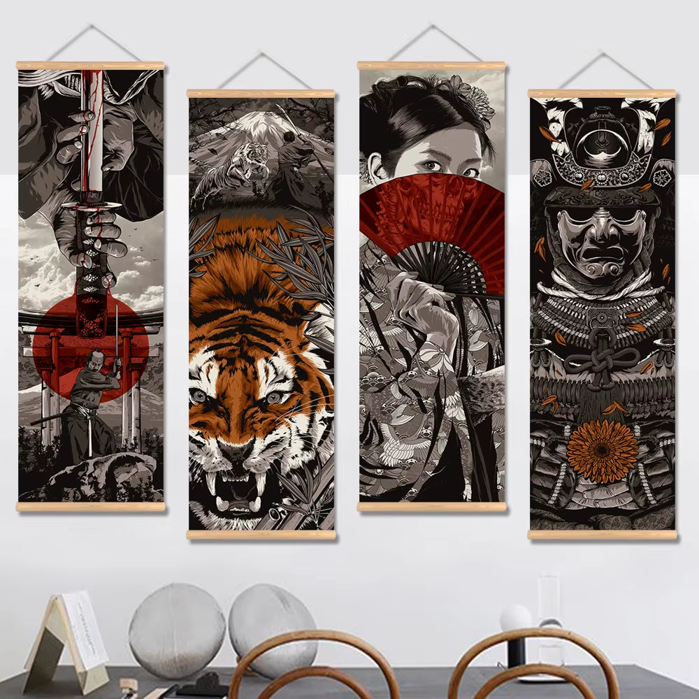 Japanese Samurai Ukiyoe Scroll Canvas Wall Art Poster Abstract Retro Black Art Scroll Painting Living Room Bedroom Decor