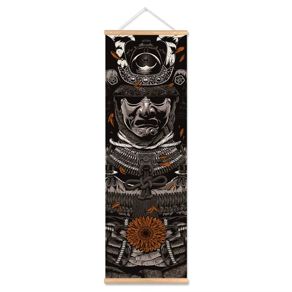 Japanese Samurai Ukiyoe Scroll Canvas Wall Art Poster Abstract Retro Black Art Scroll Painting Living Room Bedroom Decor