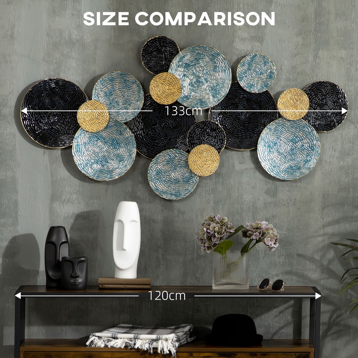 3D Metal Wall Art Modern Circle Hanging Wall Sculpture Blue Gold Home Decor