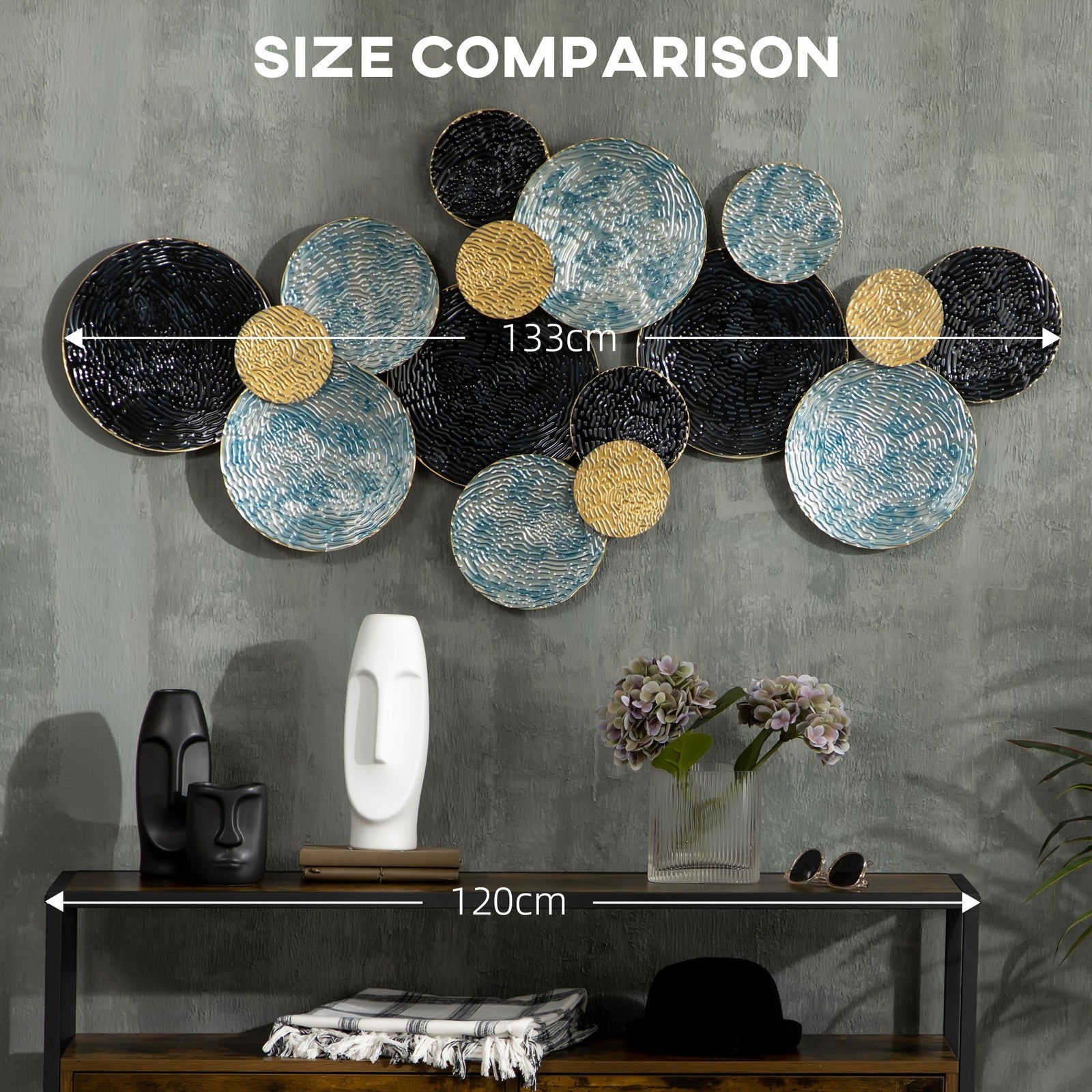 3D Metal Wall Art Modern Circle Hanging Wall Sculpture Blue Gold Home Decor
