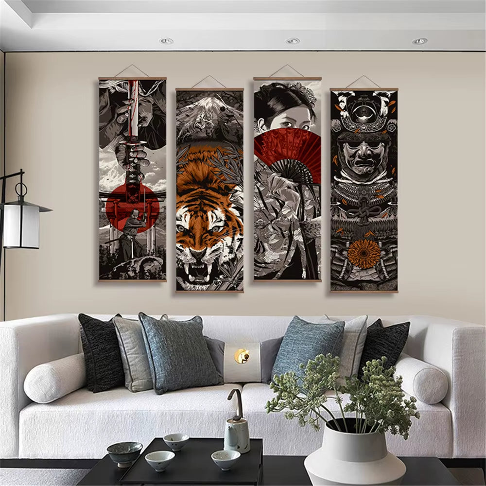 Japanese Samurai Ukiyoe Scroll Canvas Wall Art Poster Abstract Retro Black Art Scroll Painting Living Room Bedroom Decor