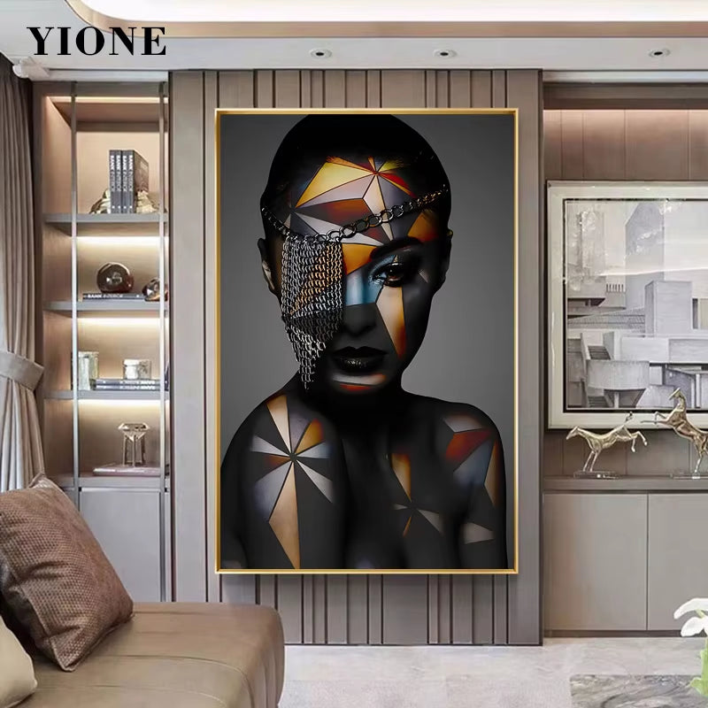 African Black Woman Geometric Face Chain Picture Print Modern Figure Canvas Painting Wall Art Poster Decoration for Living Room
