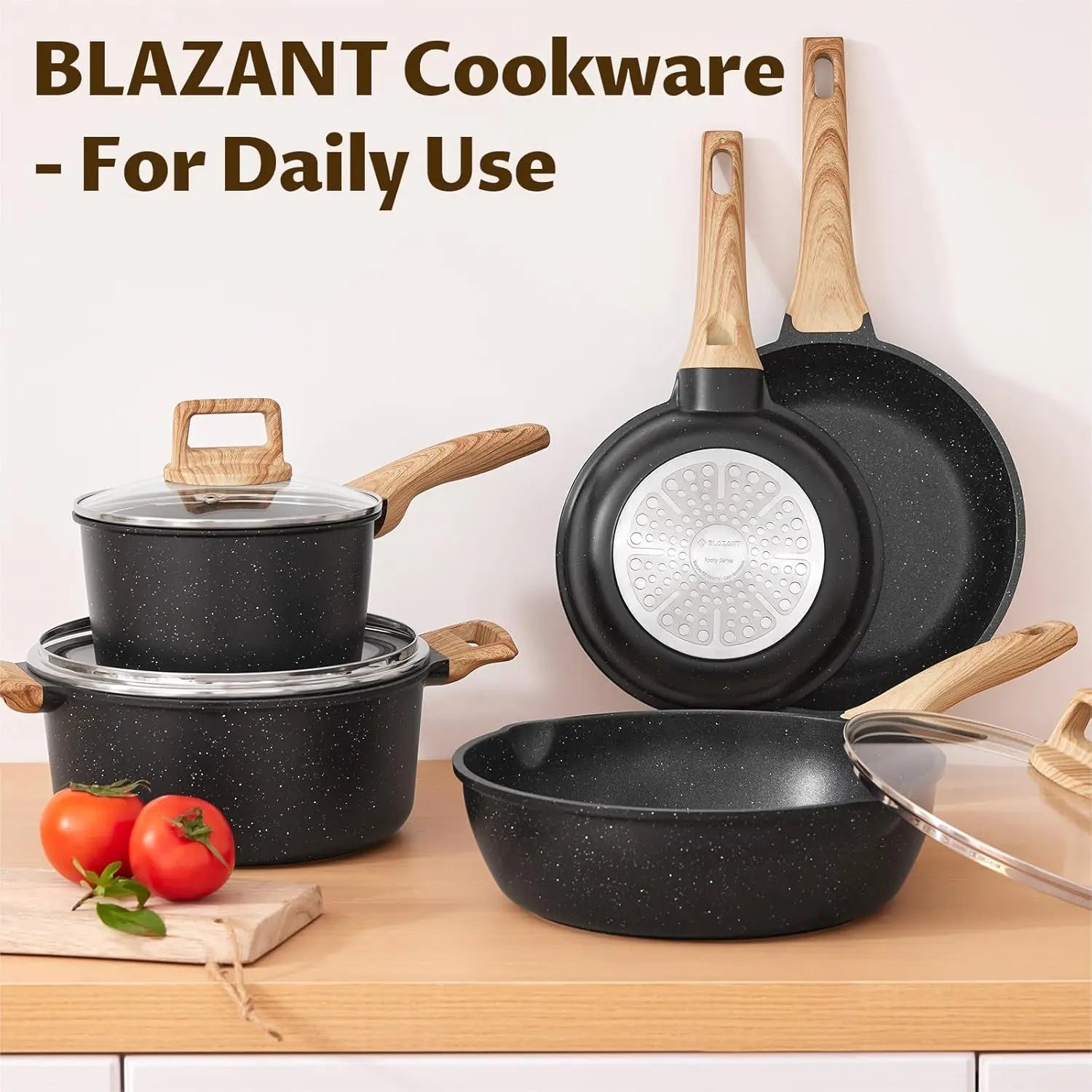 Induction Hob Pans Set 10Pcs, Pots and Pans Set Non Stick, Kitchen Cookware Sets with Lids，Granite，Pfas-Free