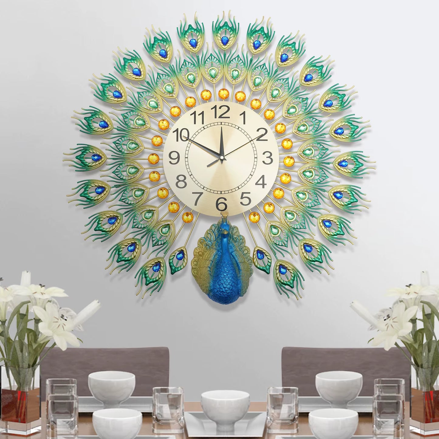Peacock Clock Metal Silent Wall Clock None Ticking Decorative Large Wall Clock for Living Room Home Decor