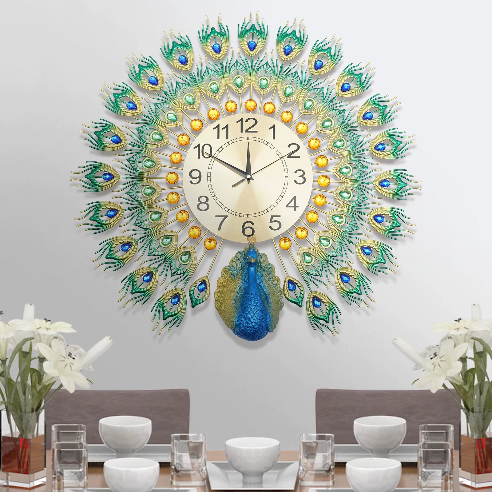 Peacock Clock Metal Silent Wall Clock None Ticking Decorative Large Wall Clock for Living Room Home Decor