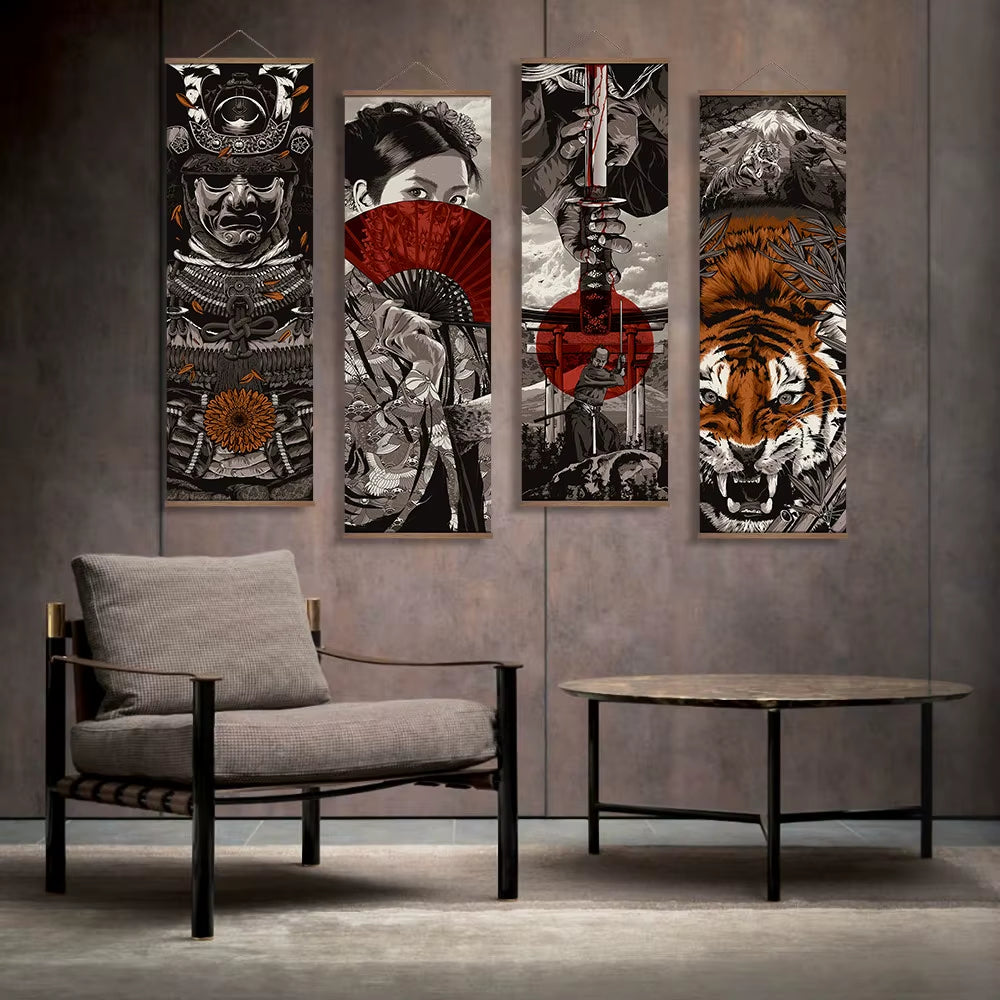 Japanese Samurai Ukiyoe Scroll Canvas Wall Art Poster Abstract Retro Black Art Scroll Painting Living Room Bedroom Decor
