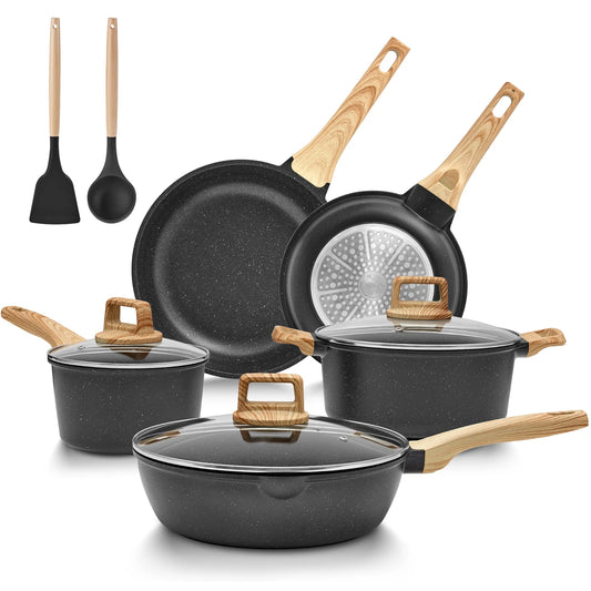 Induction Hob Pans Set 10Pcs, Pots and Pans Set Non Stick, Kitchen Cookware Sets with Lids，Granite，Pfas-Free