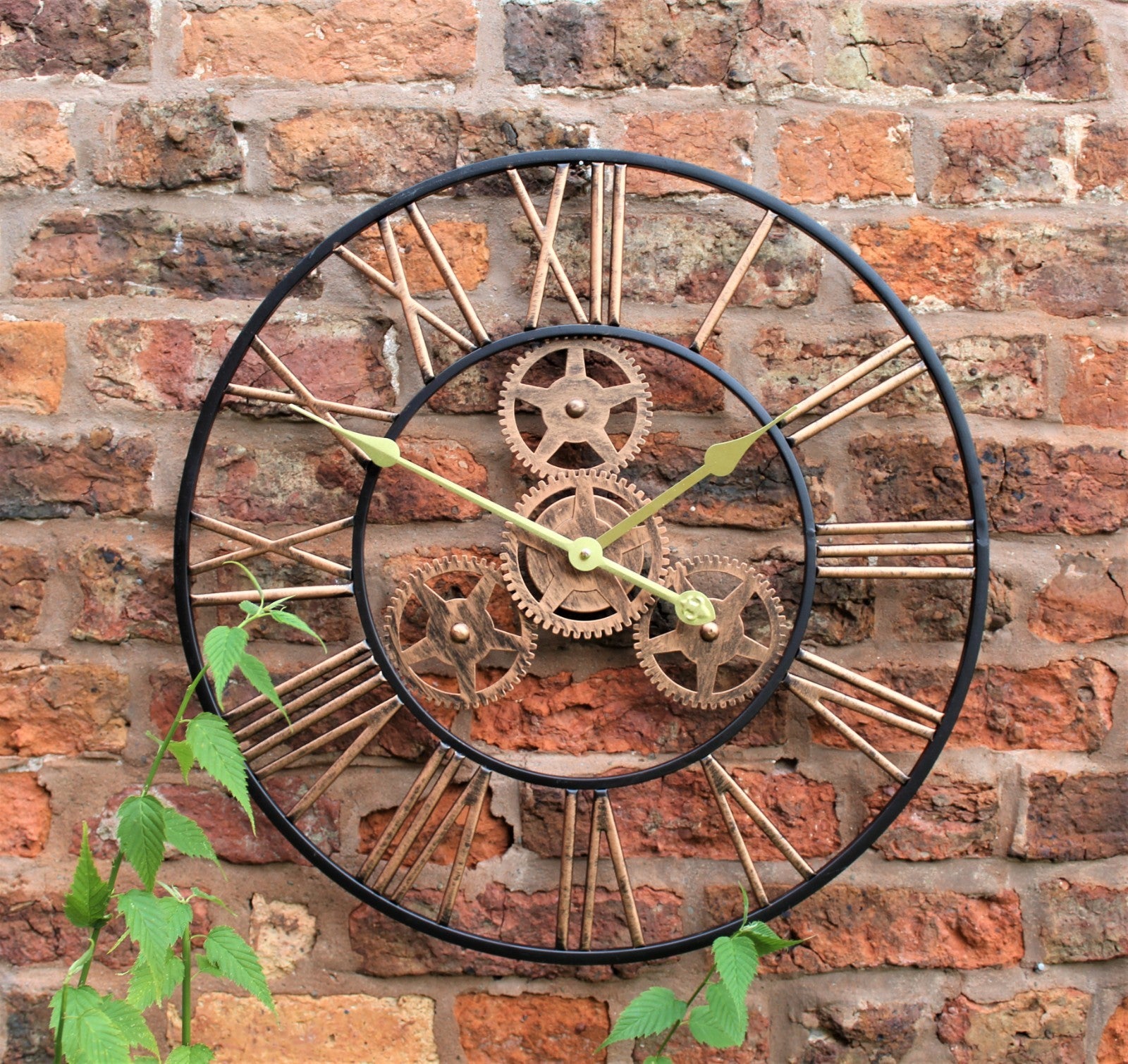 Large Metal Skeleton Wall Clock Antique Gold Home Decor round 58Cm Indoor & Out
