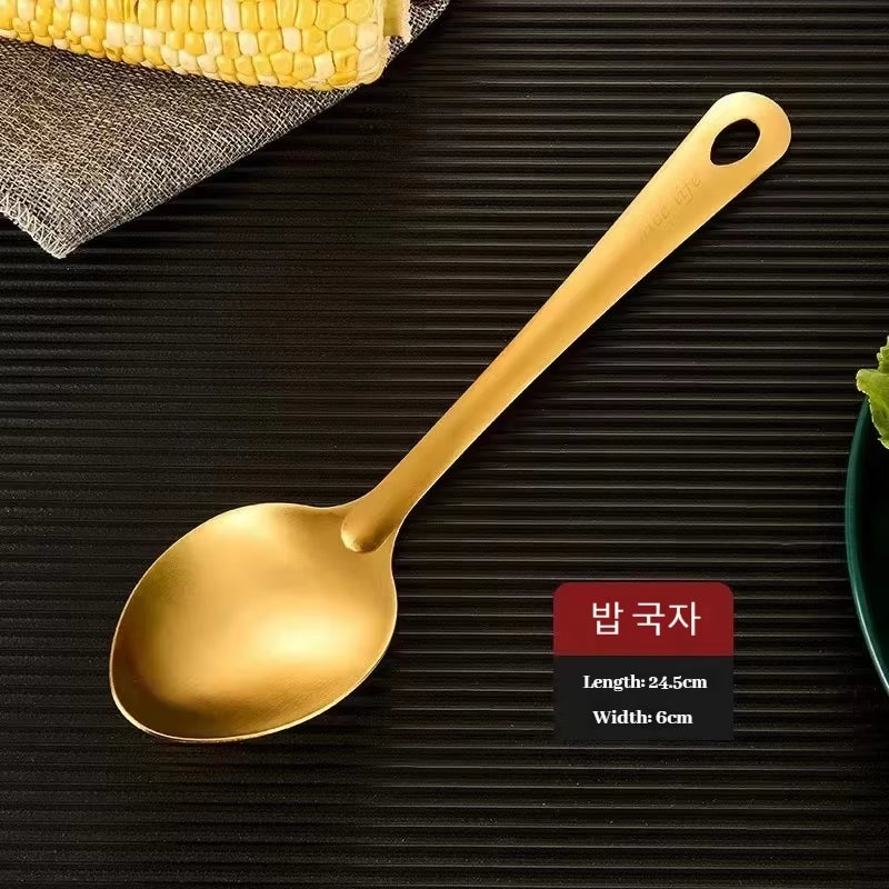6Pcs Korean-Style Hot Pot Cutlery Set Stainless Steel Dinnerware Set Home Creative Korean Cutlery Golden Spoons Kitchenware Set