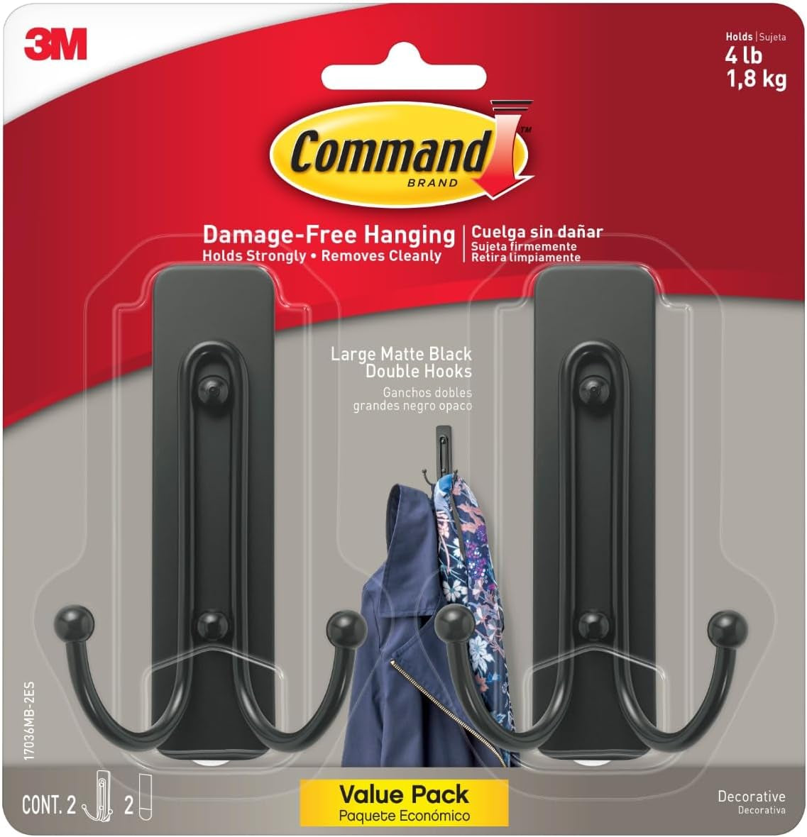 17036MB-2ES Large Wall Hooks, 2 Pack, Matte Black
