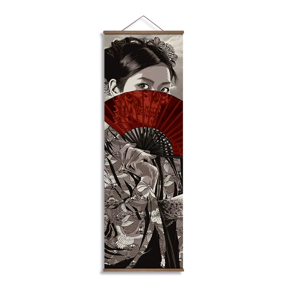 Japanese Samurai Ukiyoe Scroll Canvas Wall Art Poster Abstract Retro Black Art Scroll Painting Living Room Bedroom Decor