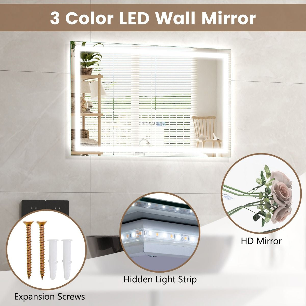 60 X 40 CM LED Bathroom Mirror with 3-Color Dimmable Lights