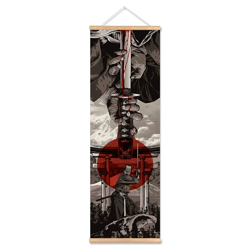 Japanese Samurai Ukiyoe Scroll Canvas Wall Art Poster Abstract Retro Black Art Scroll Painting Living Room Bedroom Decor