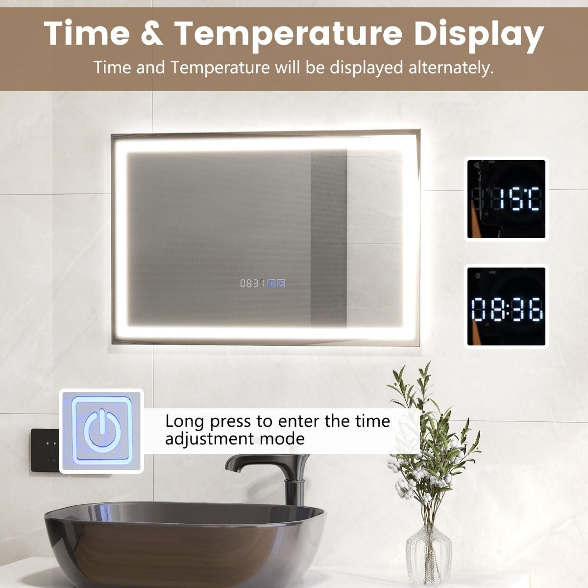 60 X 40 CM LED Bathroom Mirror with 3-Color Dimmable Lights
