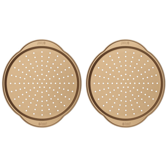 Russell Hobbs Set of 2 Opulence Non-Stick Pizza Pans, Carbon Steel, Gold