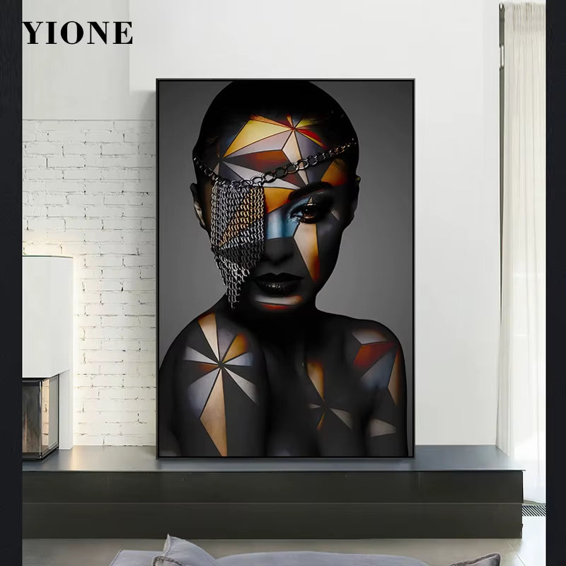African Black Woman Geometric Face Chain Picture Print Modern Figure Canvas Painting Wall Art Poster Decoration for Living Room