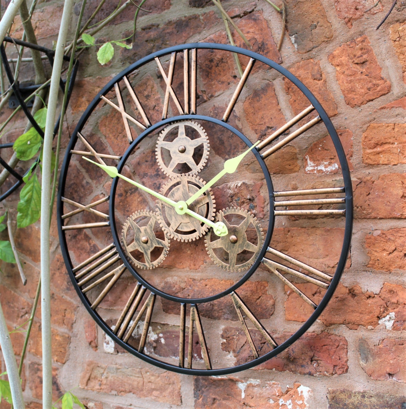 Large Metal Skeleton Wall Clock Antique Gold Home Decor round 58Cm Indoor & Out