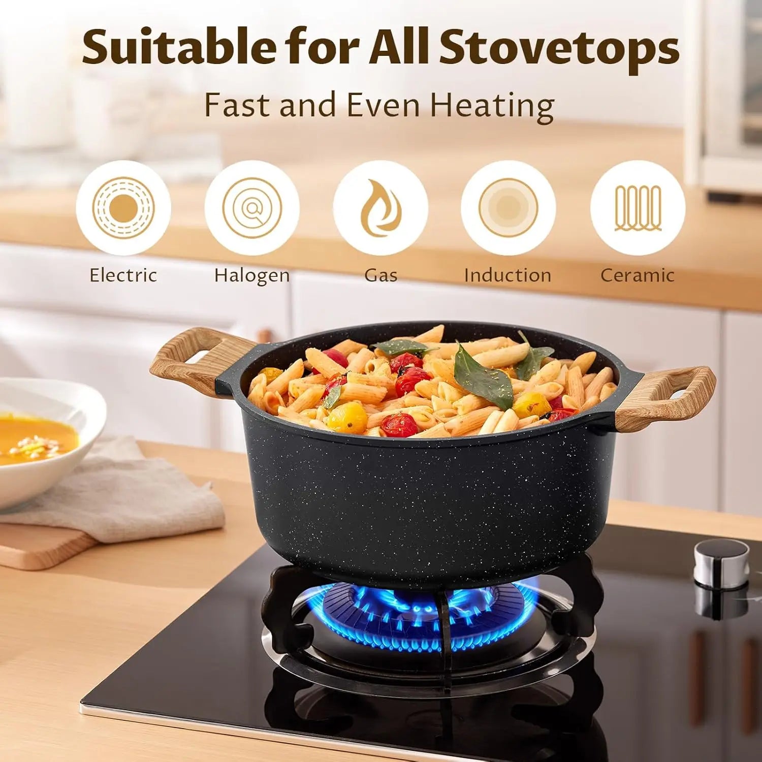 Induction Hob Pans Set 10Pcs, Pots and Pans Set Non Stick, Kitchen Cookware Sets with Lids，Granite，Pfas-Free