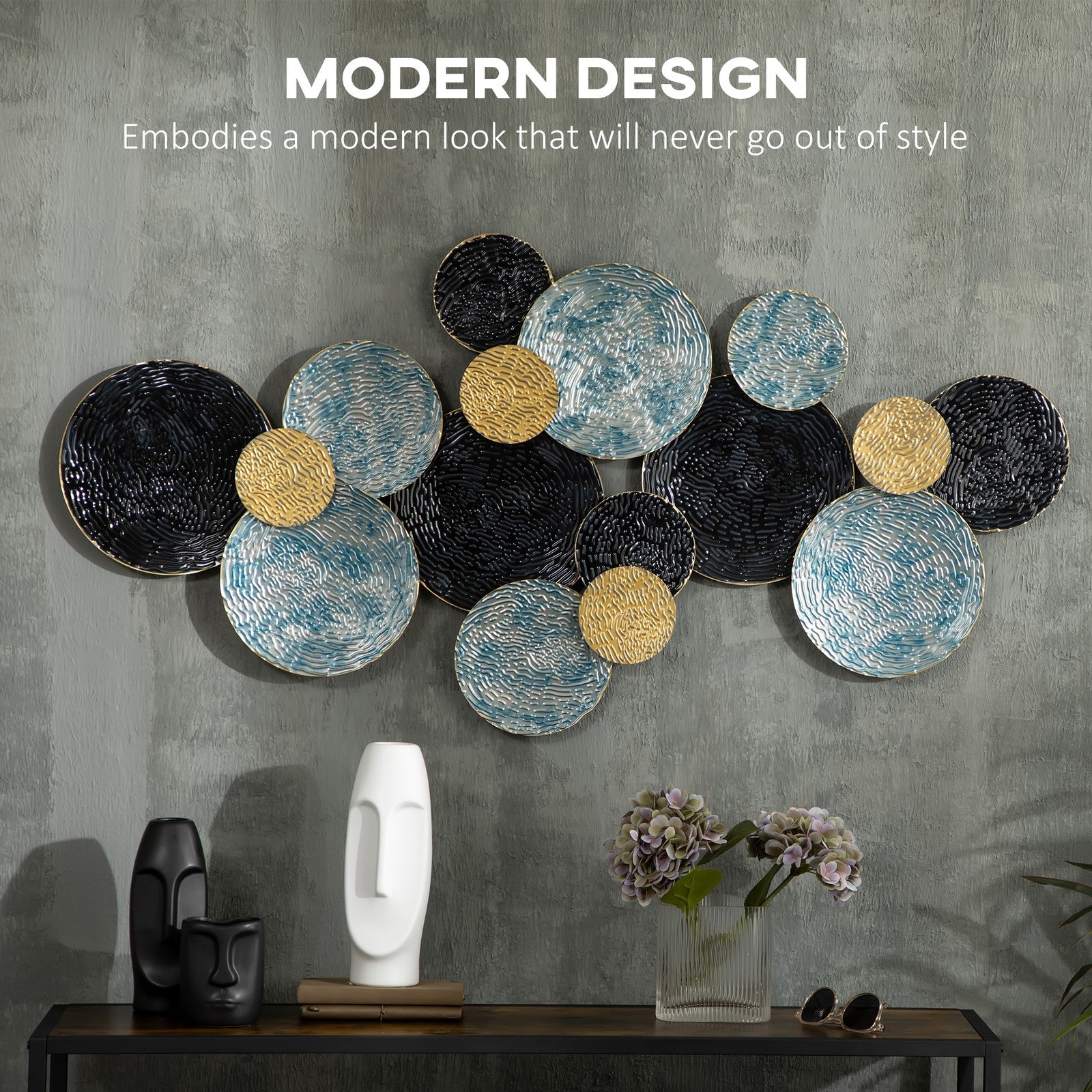 3D Metal Wall Art Modern Circle Hanging Wall Sculpture Blue Gold Home Decor