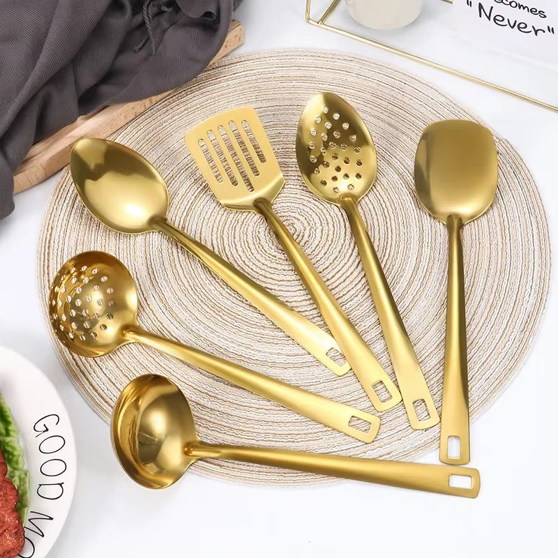 6Pcs Korean-Style Hot Pot Cutlery Set Stainless Steel Dinnerware Set Home Creative Korean Cutlery Golden Spoons Kitchenware Set