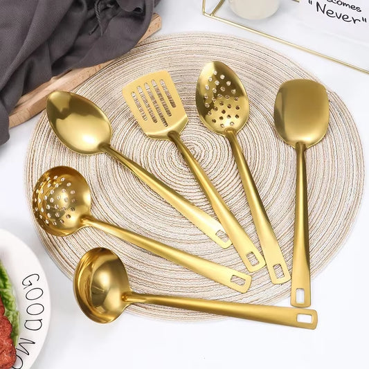 6Pcs Korean-Style Hot Pot Cutlery Set Stainless Steel Dinnerware Set Home Creative Korean Cutlery Golden Spoons Kitchenware Set
