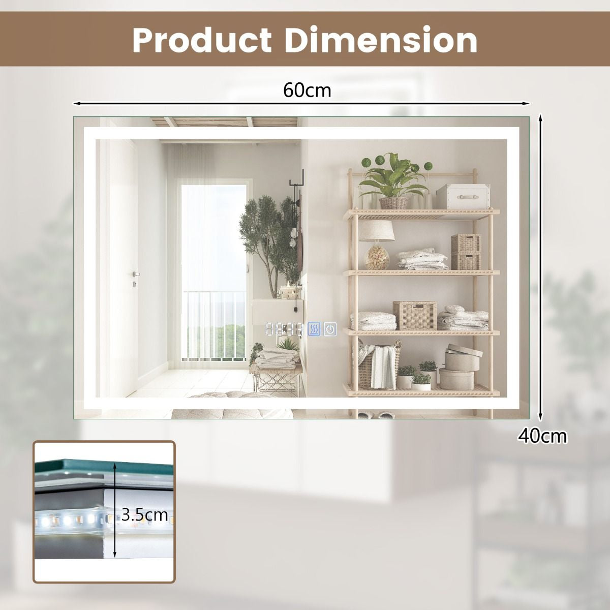 60 X 40 CM LED Bathroom Mirror with 3-Color Dimmable Lights