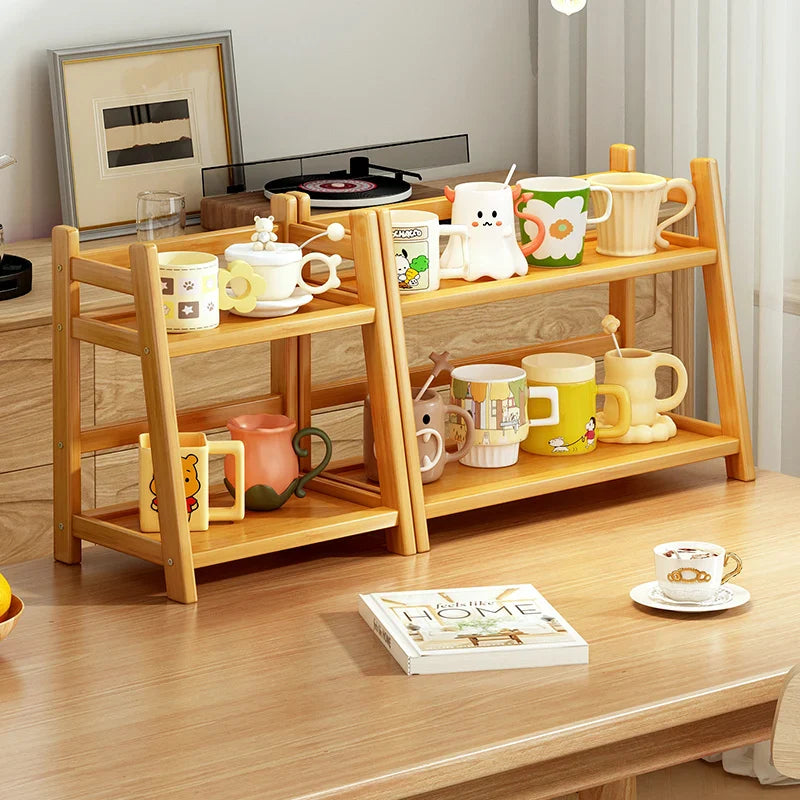 Household 2-Tier Cup Shelf Organizer, Kitchen Counter Shelf for Tea Coffee Bar Accessories, Bamboo Mug Holder Countertop, Matcha Stand, Cup Display, Condiment Storage Rack - Natural