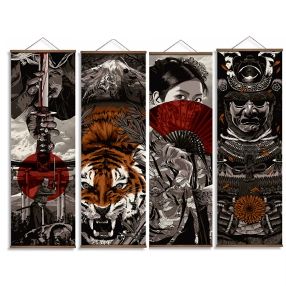 Japanese Samurai Ukiyoe Scroll Canvas Wall Art Poster Abstract Retro Black Art Scroll Painting Living Room Bedroom Decor