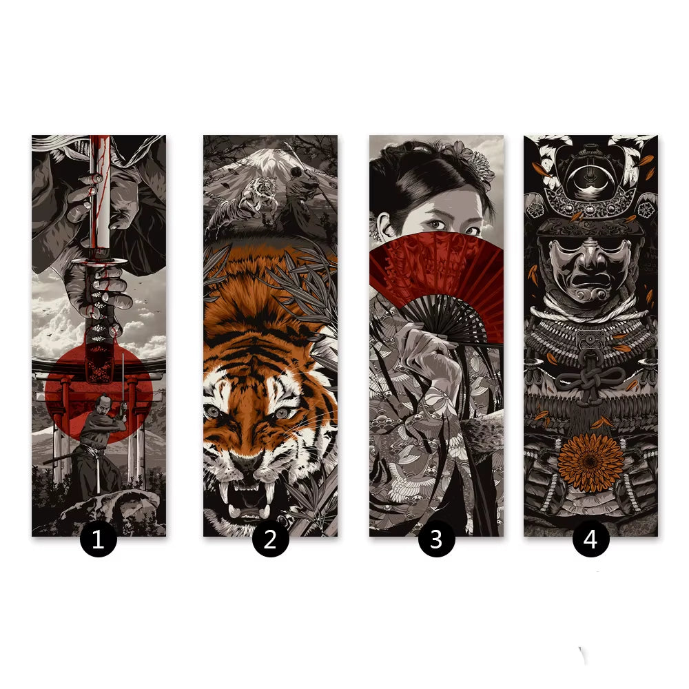 Japanese Samurai Ukiyoe Scroll Canvas Wall Art Poster Abstract Retro Black Art Scroll Painting Living Room Bedroom Decor