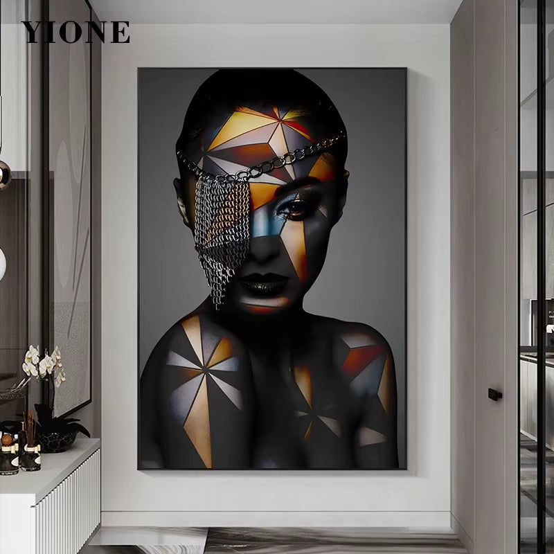 African Black Woman Geometric Face Chain Picture Print Modern Figure Canvas Painting Wall Art Poster Decoration for Living Room
