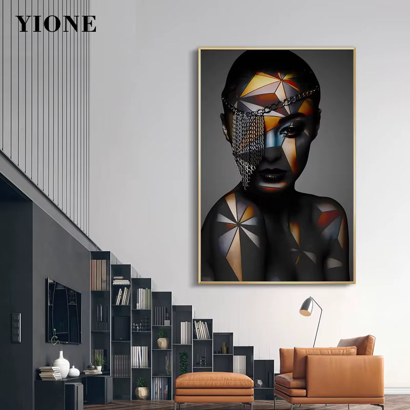 African Black Woman Geometric Face Chain Picture Print Modern Figure Canvas Painting Wall Art Poster Decoration for Living Room