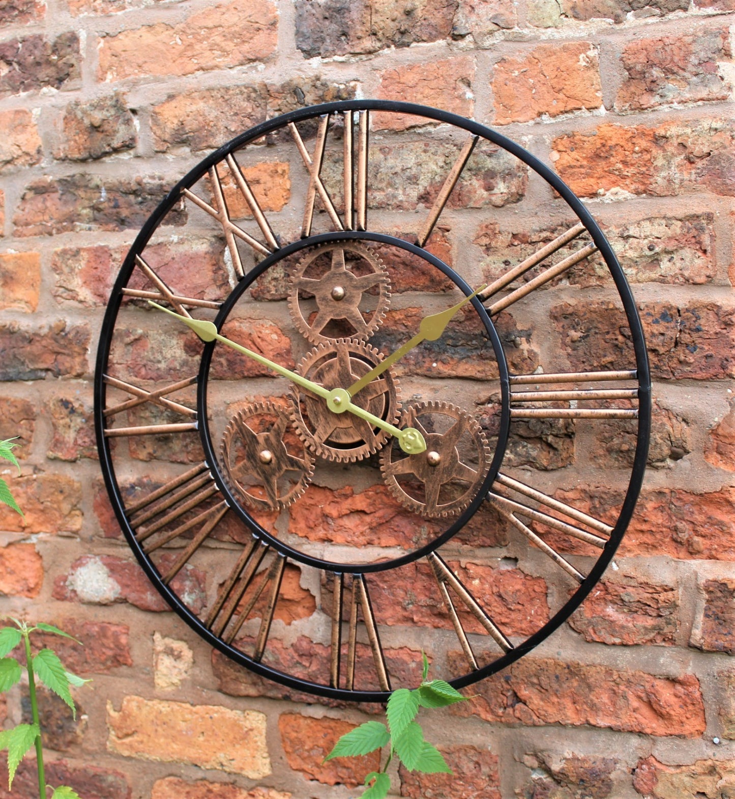 Large Metal Skeleton Wall Clock Antique Gold Home Decor round 58Cm Indoor & Out