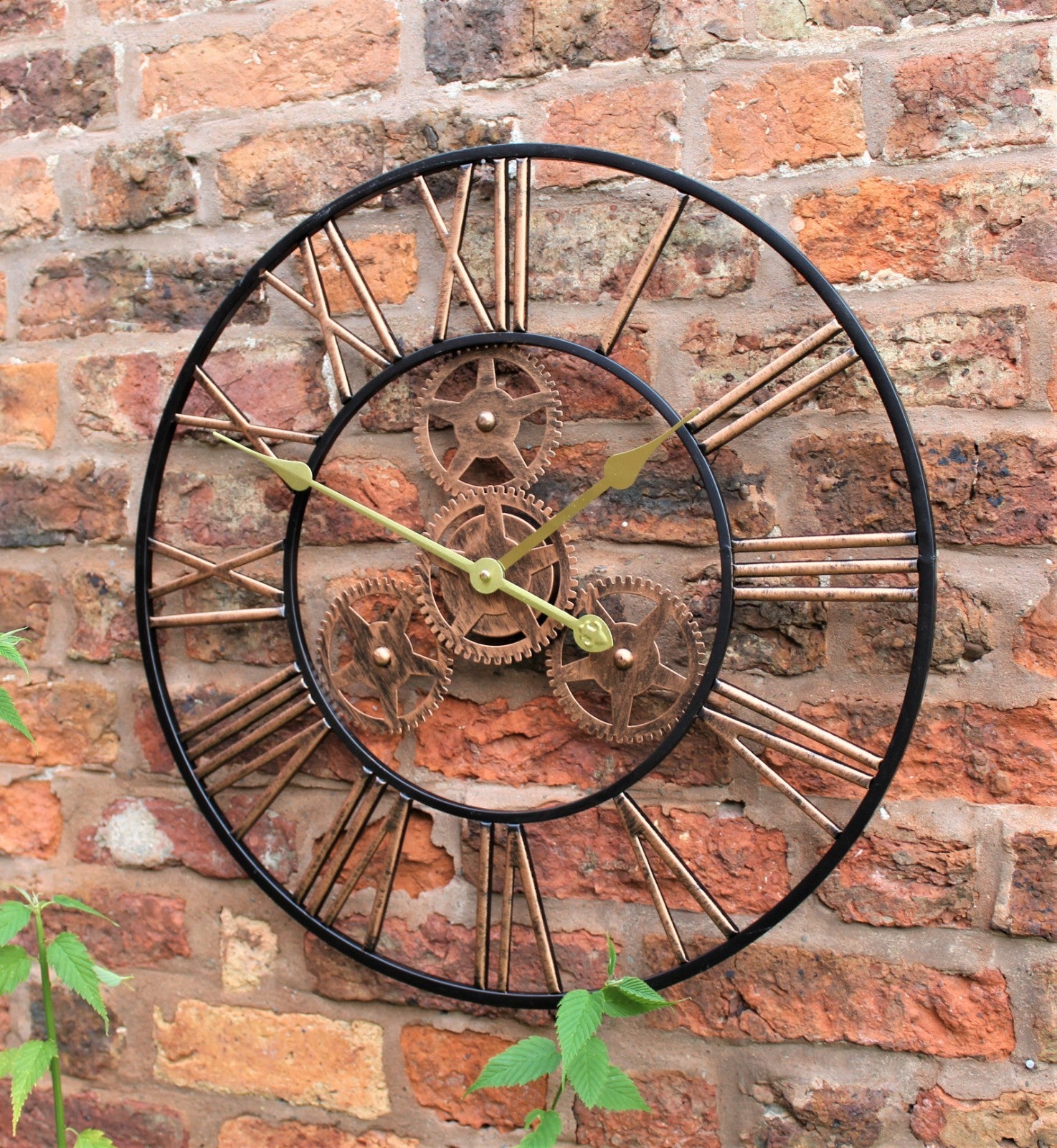 Large Metal Skeleton Wall Clock Antique Gold Home Decor round 58Cm Indoor & Out